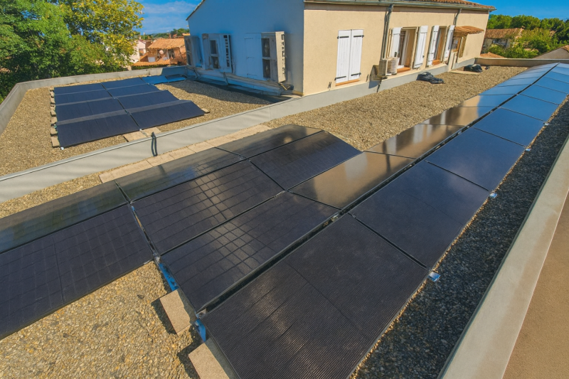 Installation de panneaux photovoltaïques bi-verre et bi-facial 22 kWc avec optimiseurs p600w Huawei Sun2000 sur une toiture plate Carcassonne